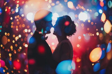 Silhouetted couple sharing a romantic moment, framed by vibrant multicolored bokeh lights, enhancing the mood of love and intimacy in a magical setting.