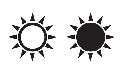 Sun icon, sun symbol, black sun sign isolated on white.