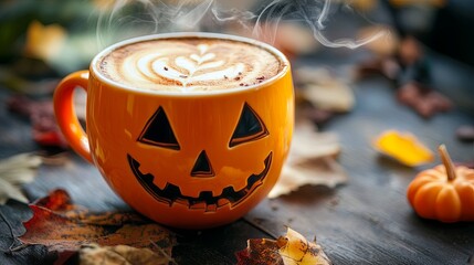 cup of coffee in a pumpkin-themed mug, adorned with a jack-o'-lantern face, surrounded by autumn leaves, Halloween