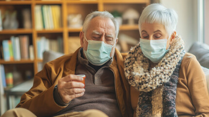 Elderly couple wearing face masks, sitting close together at home, with the man holding a medication cup.