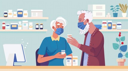 Illustration of elderly man and woman in a pharmacy, wearing face masks while discussing medications.