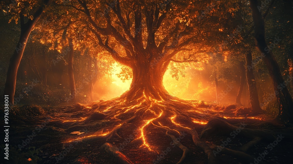 Poster a large tree with glowing roots stands in the middle of a dark forest.
