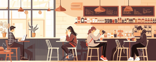 Cozy coffee shop with patrons enjoying their drinks and reading, flat, vector illustration, Sketch.