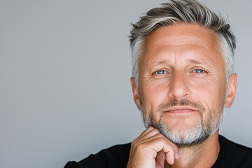Fototapeta premium a distinguished man in his 40s with a thoughtful, contemplative expression, his hand lightly touching his chin