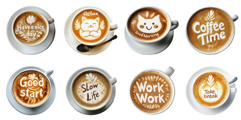 Coffee art word png set collection in 3d transparent no background in morning, relax, break, work and motivation concept.