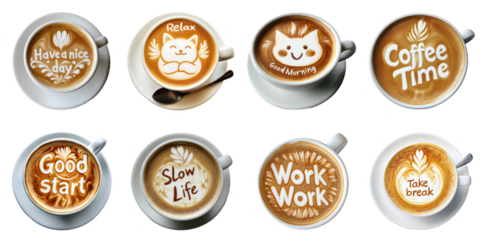 Coffee art word png set collection in 3d transparent no background in morning, relax, break, work and motivation concept.