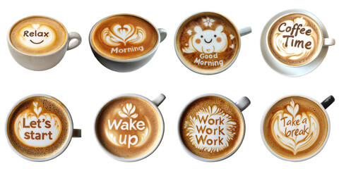 Coffee word png isolated set in 3d transparent using for presentation, latte art wake, morning, work ,break word.