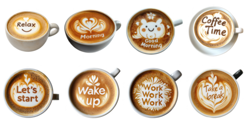 Coffee word png isolated set in 3d transparent using for presentation, latte art wake, morning, work ,break word.
