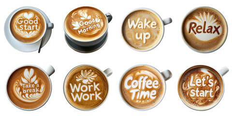 Latte art coffee transparent collection set in png no background for decoration, coffee relax, morning, break ,work word.