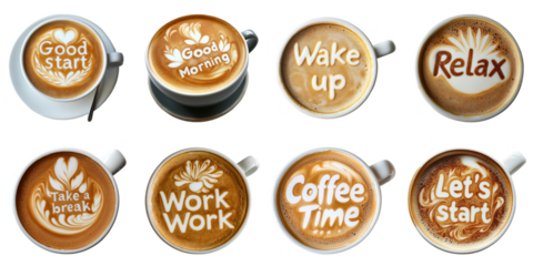 Latte art coffee transparent collection set in png no background for decoration, coffee relax, morning, break ,work word.