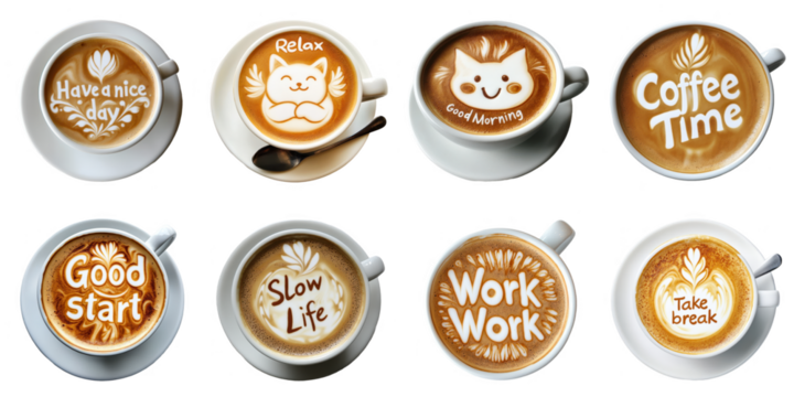 Coffee art word png set collection in 3d transparent no background in morning, relax, break, work and motivation concept.