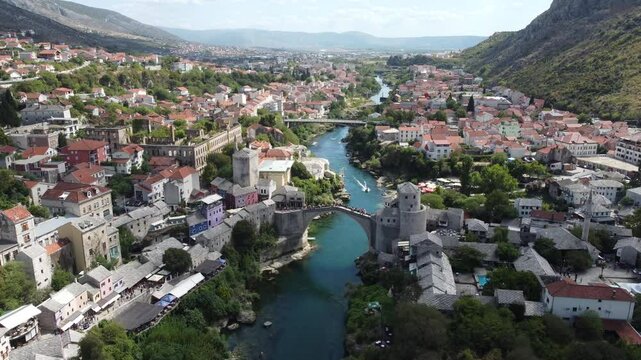Drone aerial shot of Bosnia, Sarajevo, Mostar, Stari Most Bridge