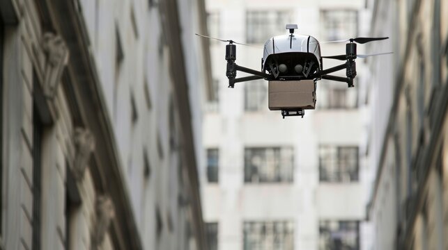 Un dron volando entre edificios altos en la ciudad, llevando un paquete en su parte inferior, ilustrando la entrega r&aacute;pida y eficiente con tecnolog&iacute;a avanzada.