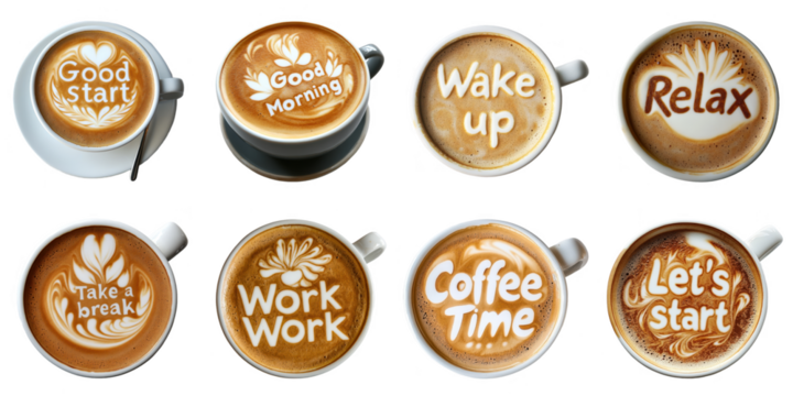Latte art coffee transparent collection set in png no background for decoration, coffee relax, morning, break ,work word.