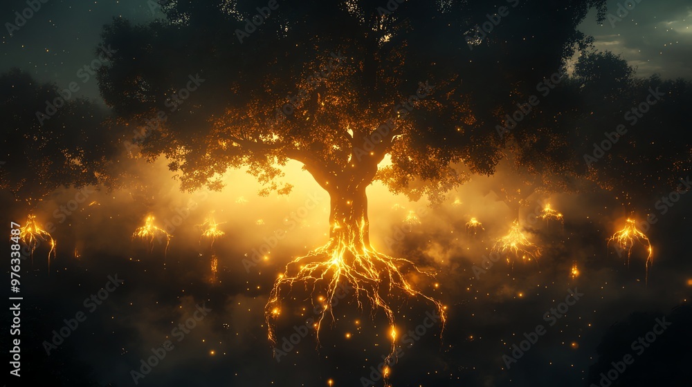 Poster mystical tree with glowing roots and branches in a foggy forest.