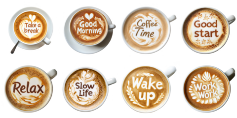 Coffee latte art word png collection in 3d transparent for product presentation.