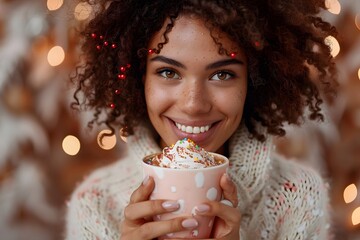 Naklejka premium Joyful Winter Moments: A Smiling Woman Enjoys a Festive Hot Chocolate