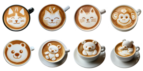 Set of coffee latte art png mockup in 3d without background for decoration, coffee cat and bear milk.