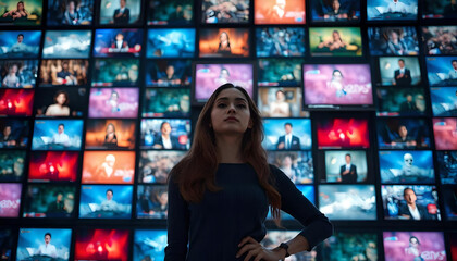 A modern woman stands boldly in front of a glowing wall of vibrant TV broadcasts, surrounded by the vivid, energetic pulse of today’s constantly evolving digital media world