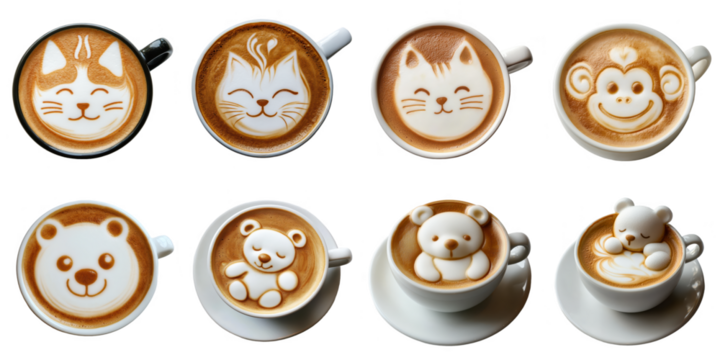 Set of coffee latte art png mockup in 3d without background for decoration, coffee cat and bear milk.