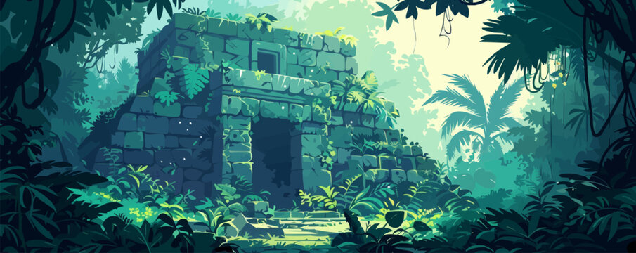 A mystical ancient ruin surrounded by dense jungle foliage, hinting at lost civilizations and hidden treasures. Vector flat minimalistic isolated illustration.