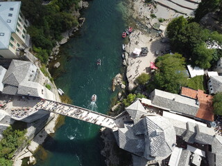 Drone aerial shot of Bosnia, Sarajevo, Mostar, Stari Most Bridge
