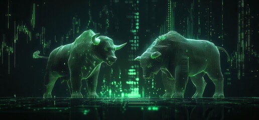 Dynamic green glowing low-poly wireframe of a bullish and bearish encounter symbolizing stock market trends