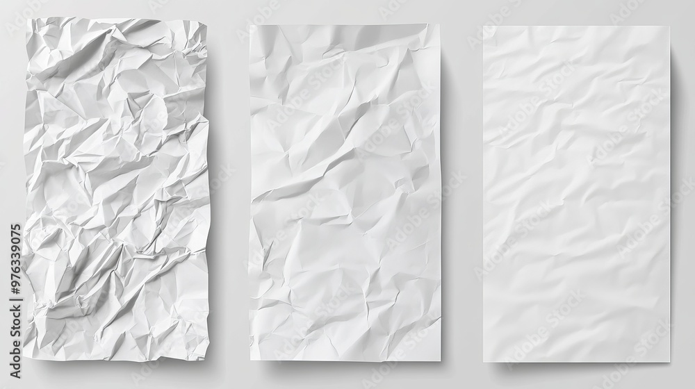 Wall mural set of realistic vector illustrations of crumpled and wrinkled white paper mockups includes creased 