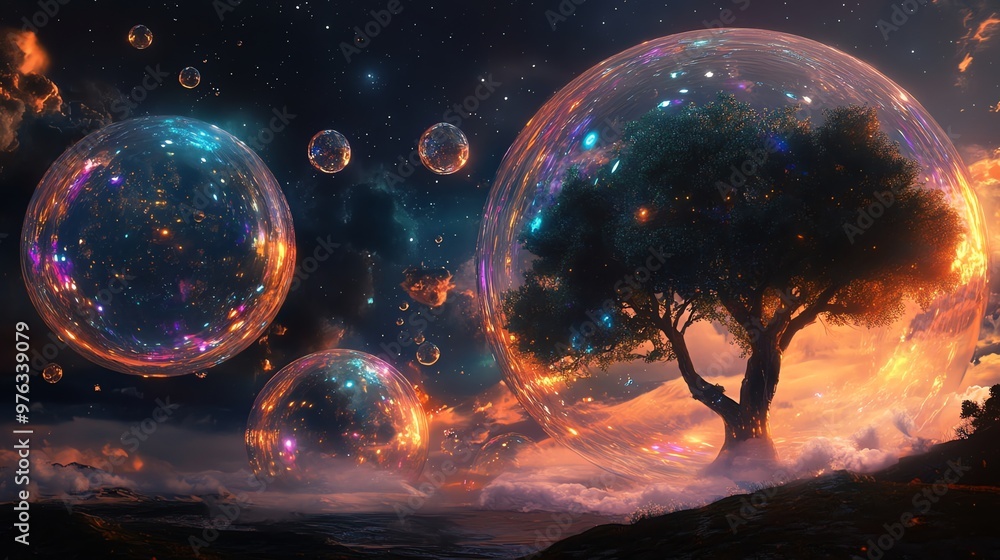 Poster a glowing tree standing on a planet surrounded by colorful bubbles in a mystical and surreal dreamsc