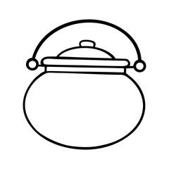 Halloween potion cauldron illustration in line art style. Graphic monochrome drawing. Hand drawn outline sketch, engraved doodle illustration. For coloring, invitation, decoration.
