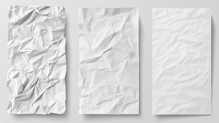 Set of realistic vector illustrations of crumpled and wrinkled white paper mockups Includes creased blank vertical sheets and empty folded cardboard banners with a rumpled surface
