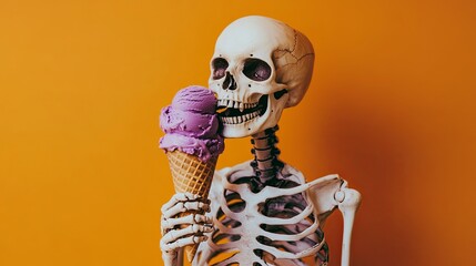 a skeleton enjoying purple ice cream, orange background, Halloween theme