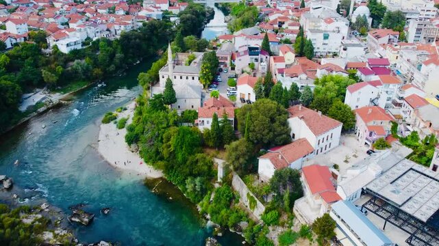 Drone aerial shot of Bosnia, Mostar, Stari Most Bridge