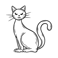 Spooky Halloween cat illustration in line art style. Graphic monochrome drawing. Hand drawn outline sketch, engraved doodle illustration. For coloring book, invitation, decoration.