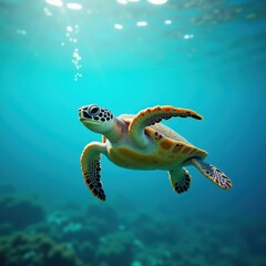 Obraz premium A stunning underwater scene featuring a vibrant turtle gracefully swimming through clear, turquoise waters, showcasing the beauty of marine life.