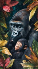 Gorilla mother and baby surrounded by colorful jungle foliage, wildlife embrace concept
