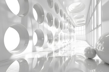 Modern Minimalist Interior with Circular Elements and Reflective Surfaces