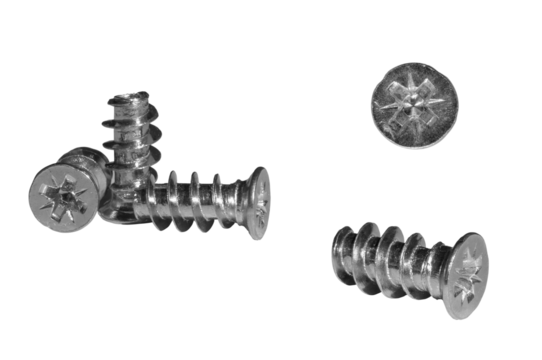 Close-up of Euro screws with countersunk heads showcasing their intricate design and metallic finish, ideal for various construction projects