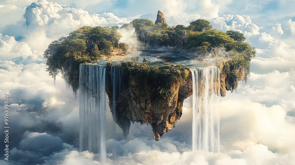 Poster fantasy island floating in the clouds with a cascading waterfall.