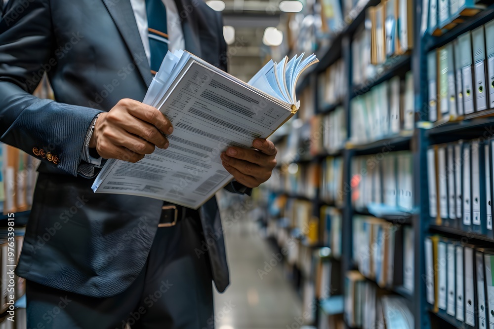 Poster professional in a suit reviewing documents in a library setting