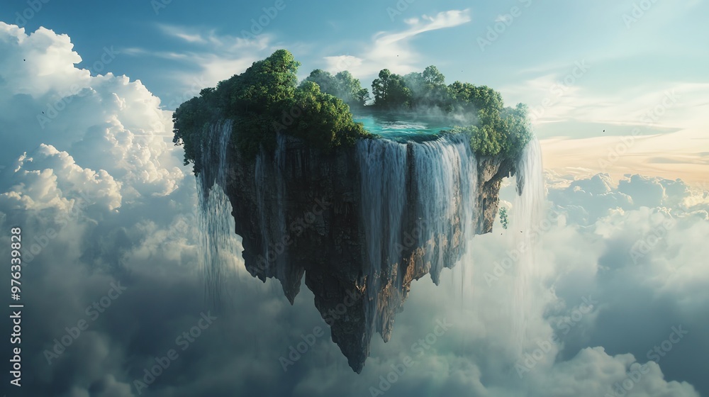 Poster a magical floating island with a waterfall cascading down into the clouds below.