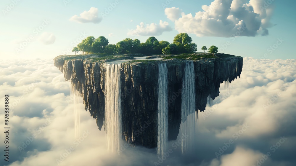 Poster a floating island with waterfalls cascading down into the clouds.