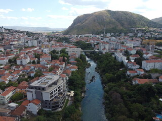 Drone aerial shot of Bosnia, Mostar, Stari Most Bridge