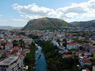 Drone aerial shot of Bosnia, Mostar, Stari Most Bridge