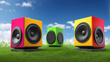 3D Render of Colorful Speakers Set Up in Open Ground – Perfect for Festival Advertising, Event Setup, and Outdoor Event Management