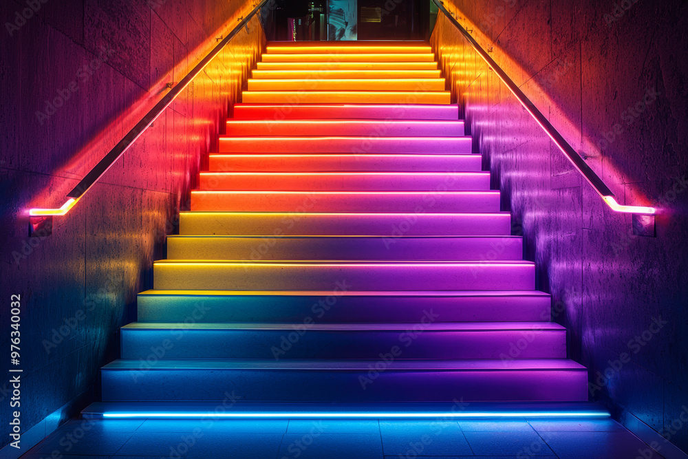 Poster bright neon lines illuminate an abstract staircase, creating vibrant and colorful atmosphere. gradie