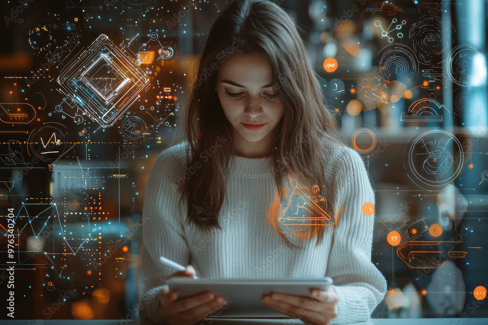 Poster a businesswoman is sketching digital idea on tablet, surrounded by abstract graphics and data visual