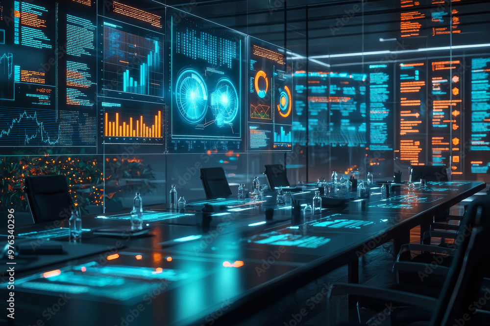 Aufkleber a modern business meeting room featuring holographic displays and data visualizations. sleek design 