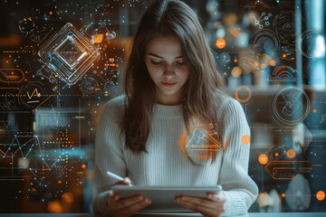 A businesswoman is sketching digital idea on tablet, surrounded by abstract graphics and data visualizations, showcasing creativity and innovation in modern workspace