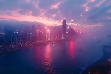 Stunning Twilight View of a City Skyline Reflected in Water with Vibrant Colors